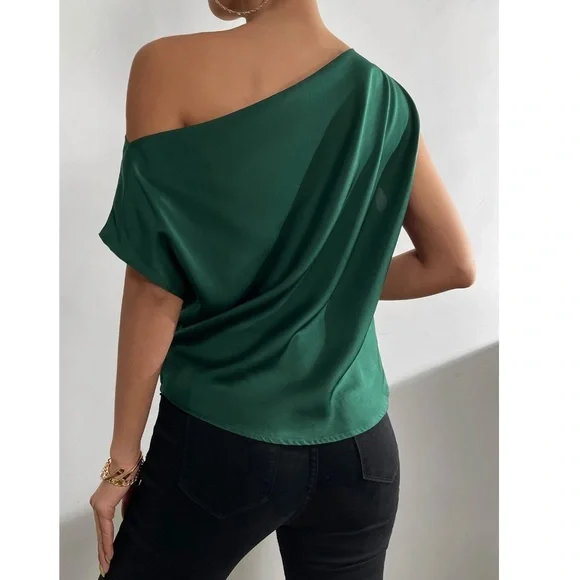 Dark Green Satin Draped Asymmetrical Blouse Top - Picture 3 of 12